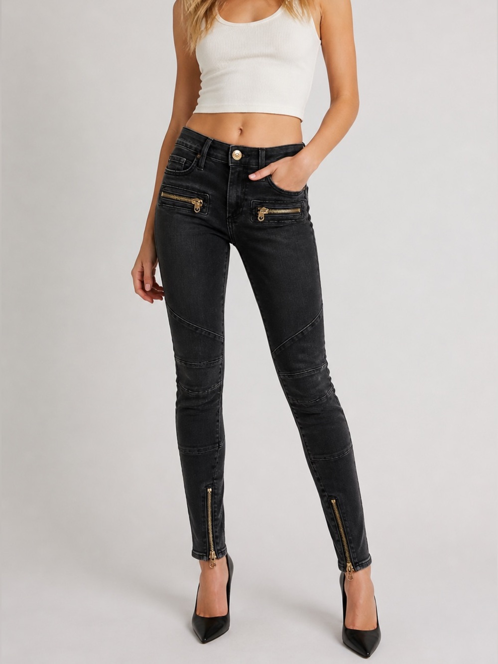 True Religion Halle Mid Rise Super Skinny Black Moto Biker Jeans 26 Baddie Y2K - Picture 2 of 16